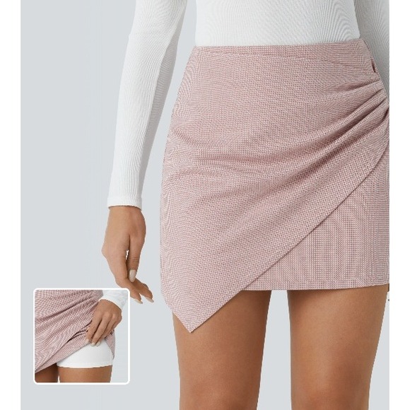 HALARA Pants - Halara Skort Pink Houndstooth Ruched Asymmetrical Wrap Skirt Women Small NWT